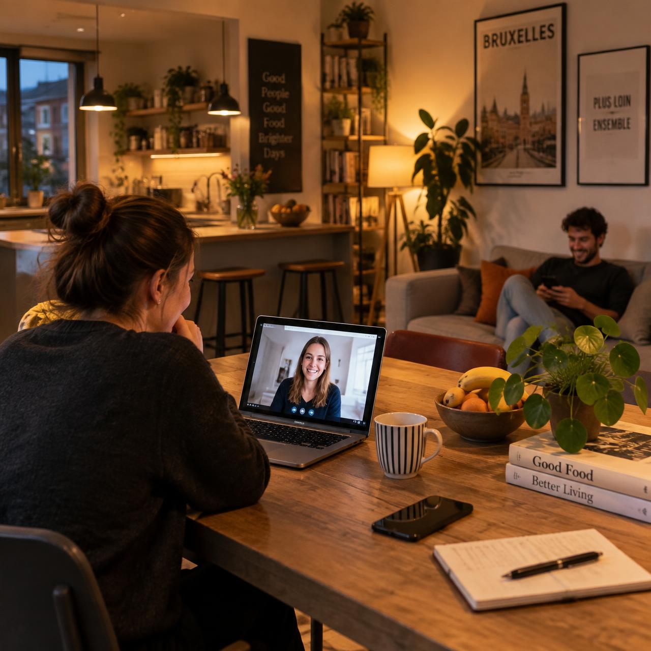 Bewoners van een cohousingwoning werken 's avonds op laptop en telefoon in de gedeelde keuken